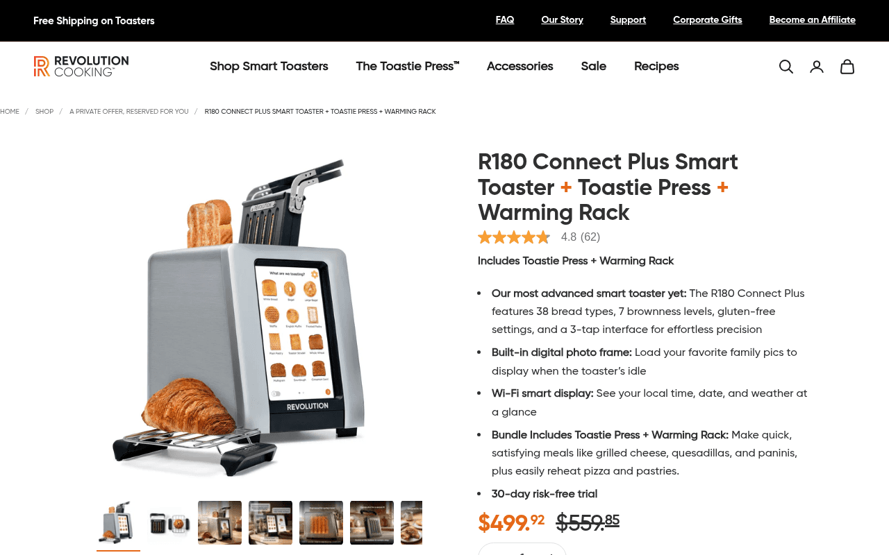 Revolution R180 Connect Plus smart toaster product page with Toastie Press and Warming Rack