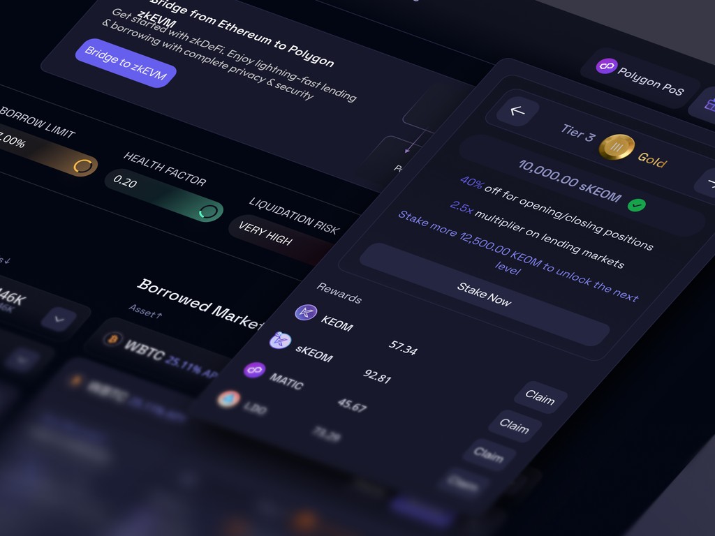 Close-up of KEOM staking rewards panel showing user tier, APR multipliers, and claimable DeFi assets
