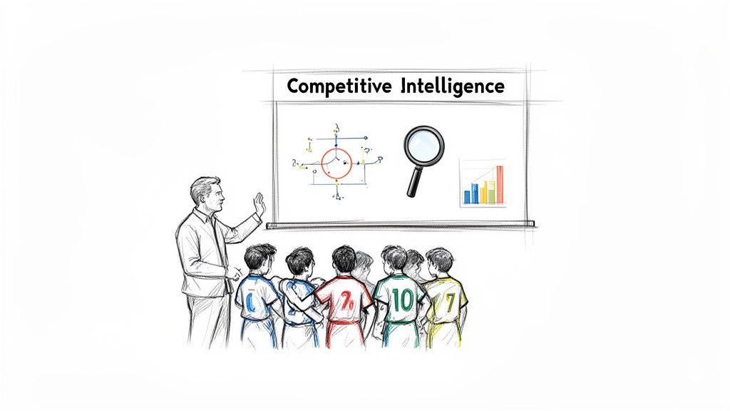 A coach teaches young soccer players about competitive intelligence on a whiteboard with diagrams and charts.