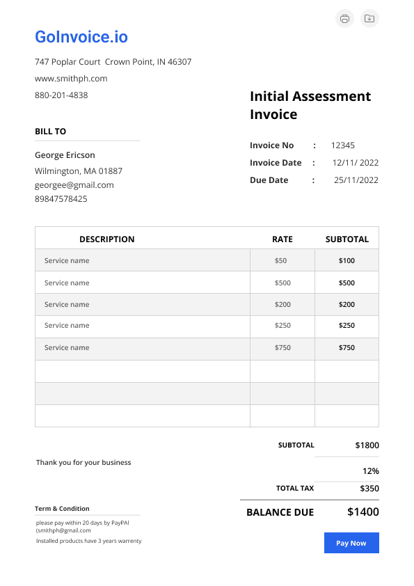 Initial Assessment Invoice