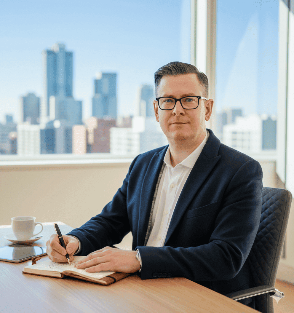 Man in suit at desk writing, city view