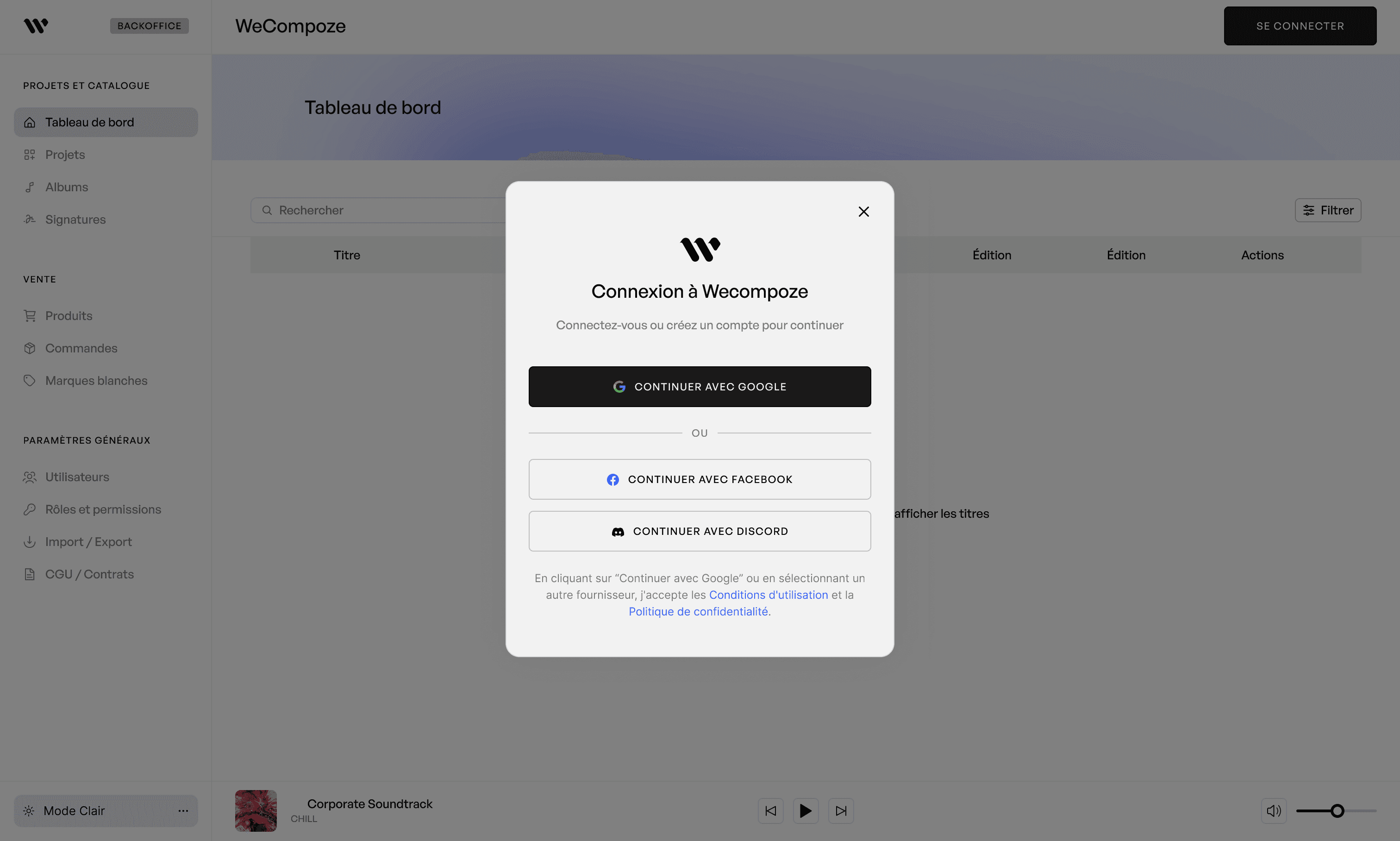 WeCompoze Plateform - Connection light mode