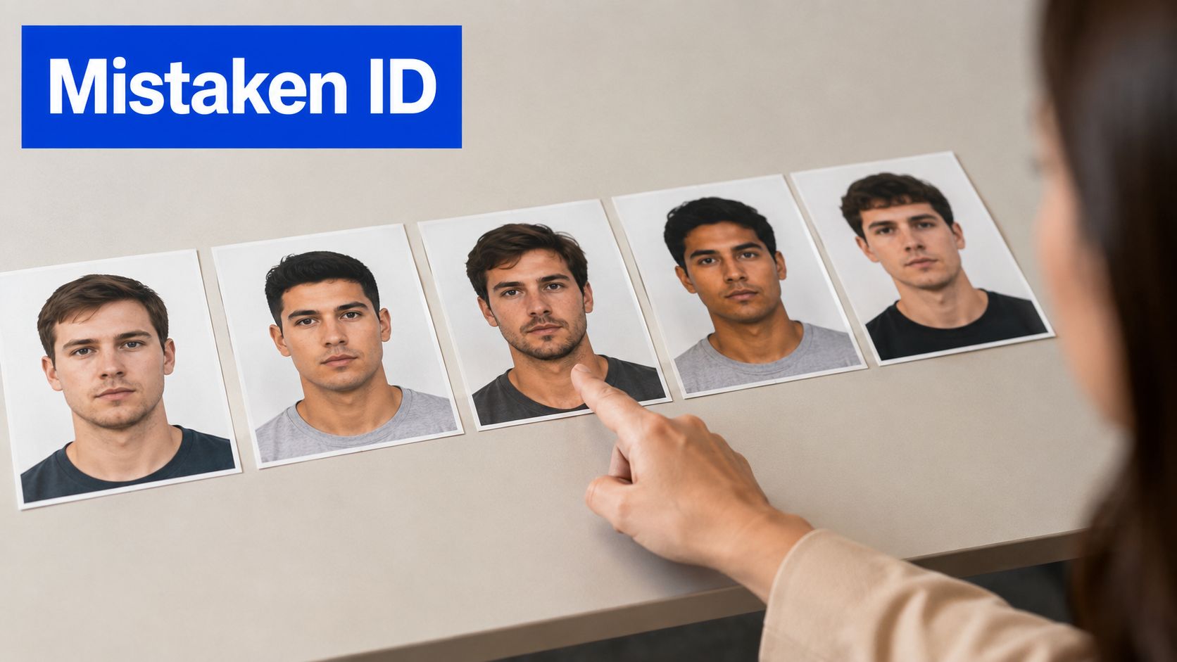 A person pointing to a photograph of a man during a police lineup identification process.