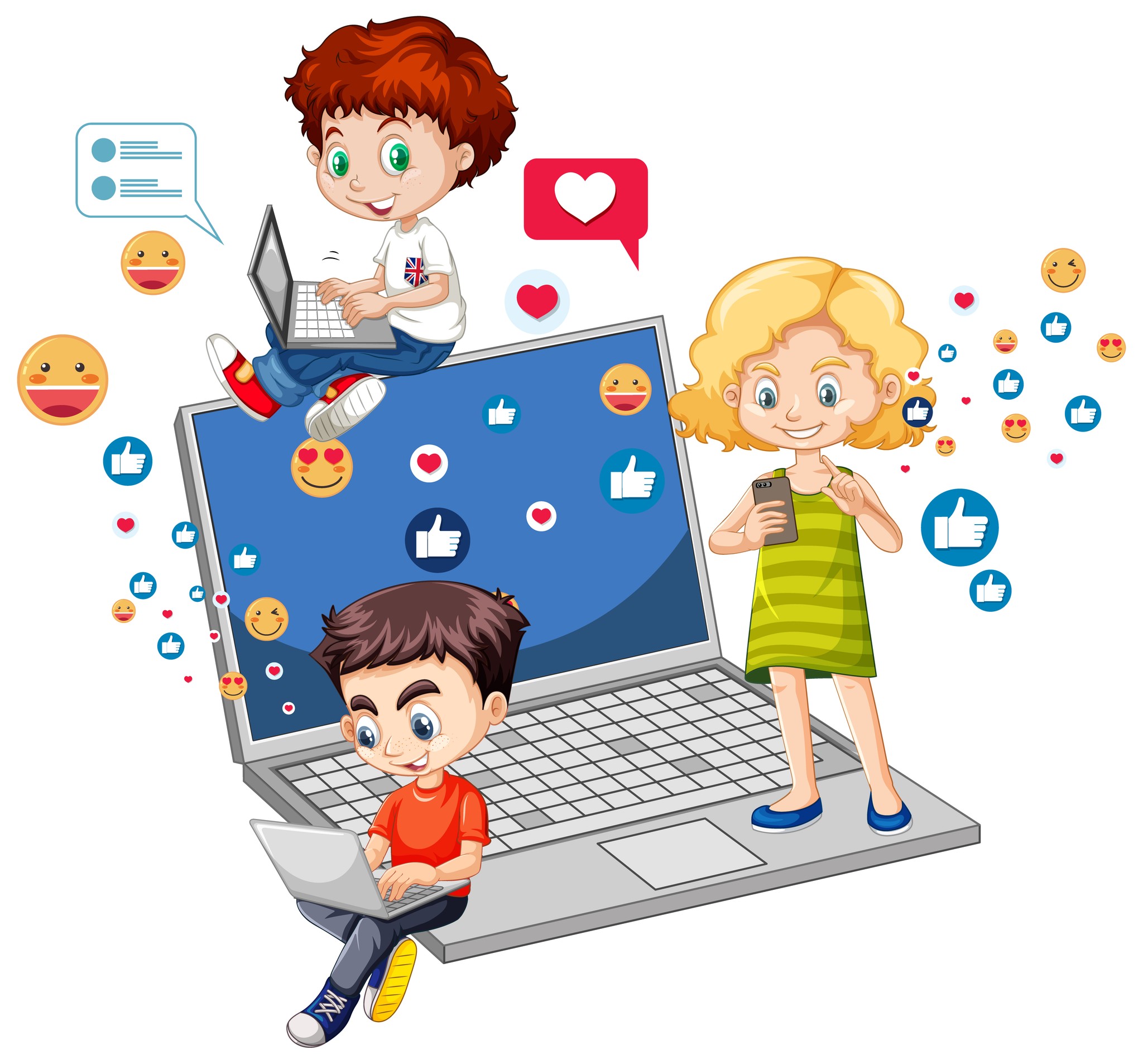  A group of children gathered around a laptop, engaging with social media icons displayed on the screen.