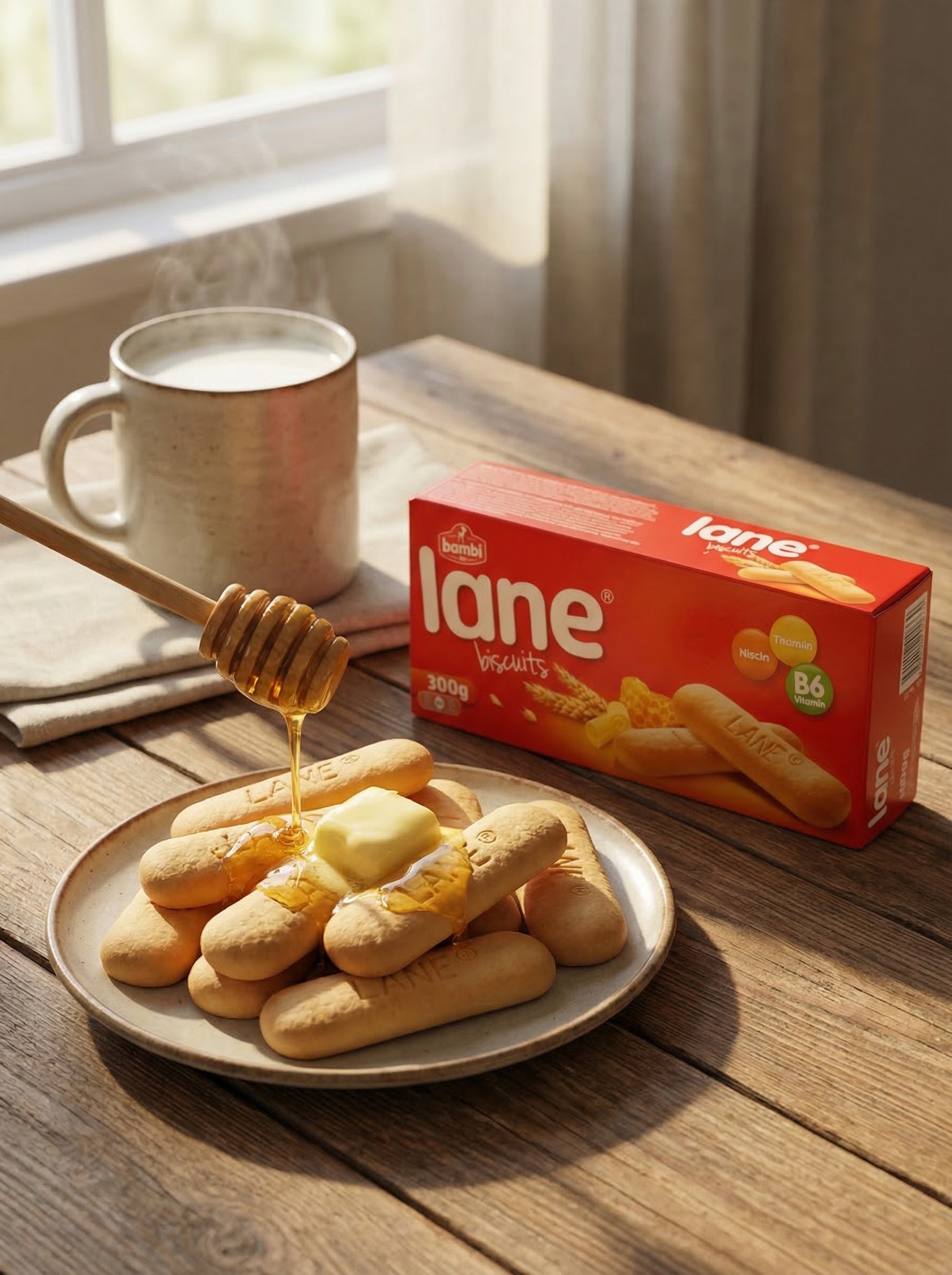 Zoete mediterrane snack met biscuits, honing en boter gepresenteerd in een keuken