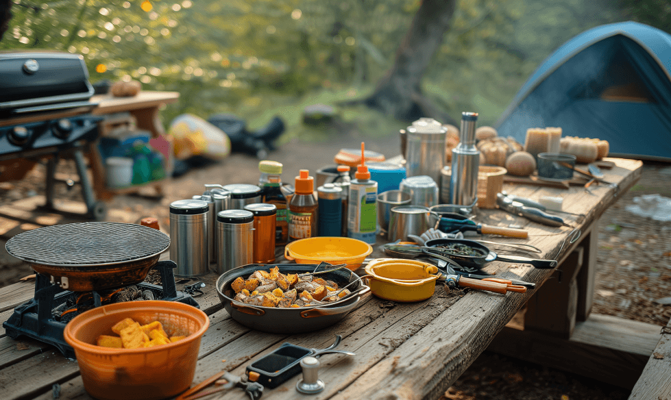 Black textile organizer and wooden tray for outdoor eating
