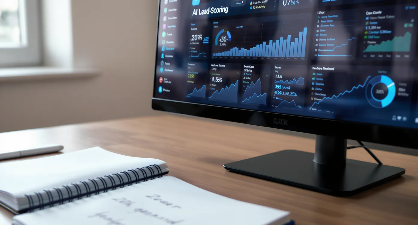 Een gedetailleerde close-up van een monitor waarop een AI lead-scoring dashboard staat, links daarnaast ligt een notitieblok met handgeschreven berekeningen over bespaarde uren en euro’s.