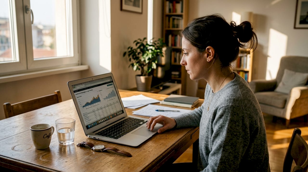 Una donna gestisce i suoi investimenti in Borsa direttamente dal computer portatile.
