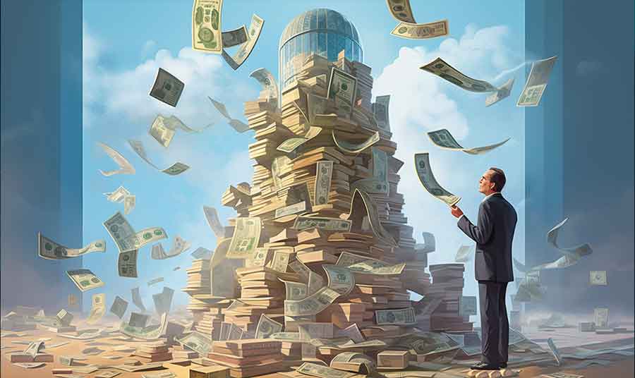 Een zakenman bouwt een gebouw van geld, Adalace