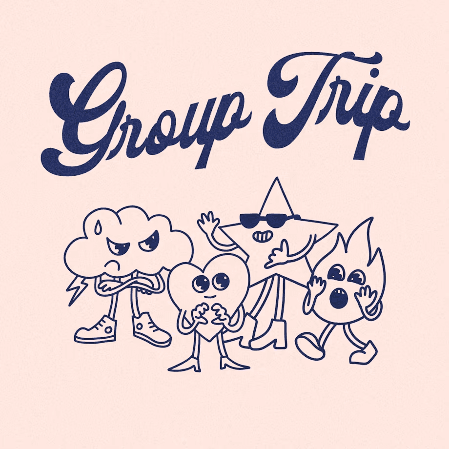 Four cartoon characters with unique expressions are grouped together, featuring the text "Group Trip" above them.