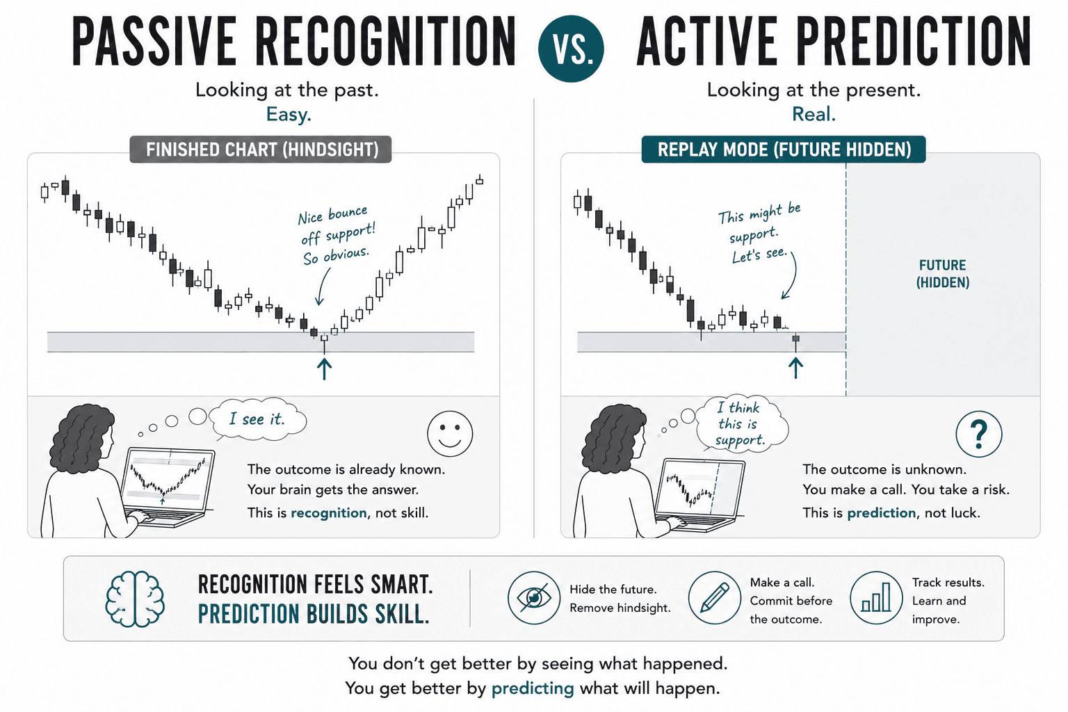 Split-screen educational infographic comparing passive recognition on a finished chart with active prediction in replay mode. The left side shows a completed bounce from support where the outcome is already known, while the right side shows the future hidden and the trader making a prediction before price reaches the support level. The graphic illustrates the difference between recognizing patterns after the fact and developing real trading skill through prediction.