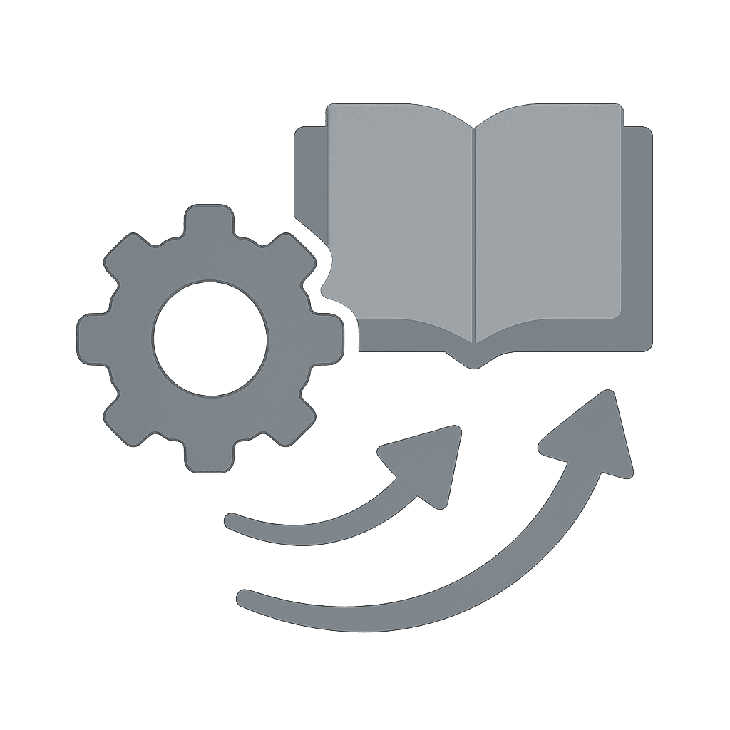 Abstrakte Vektorillustration in Grautönen mit Zahnrad, Pfeil und Buch – visualisiert Lernbereitschaft, Anpassungsfähigkeit und kontinuierliche Weiterentwicklung.