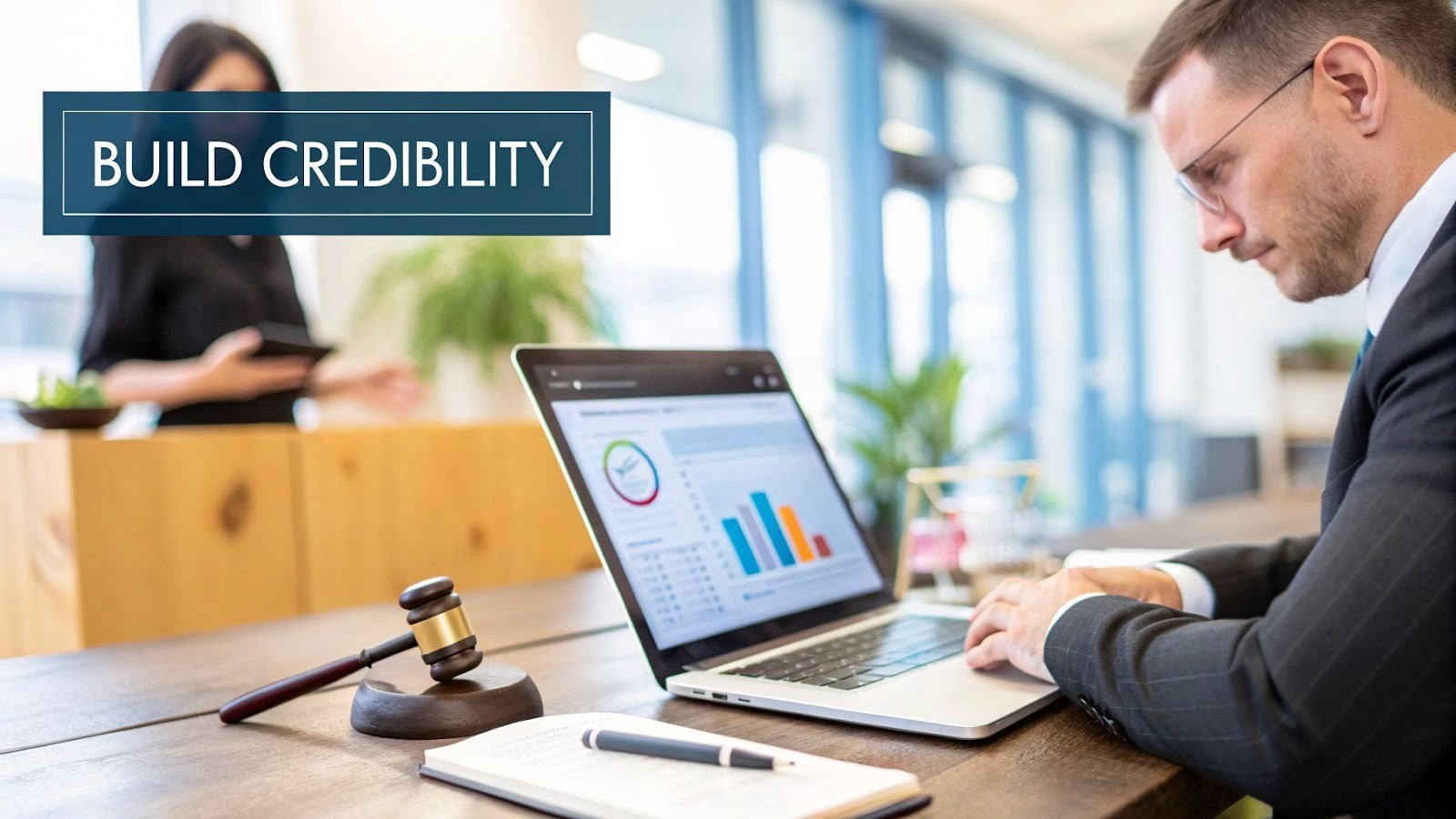 A lawyer works on a laptop displaying charts, with a gavel and notebook on a wooden desk.