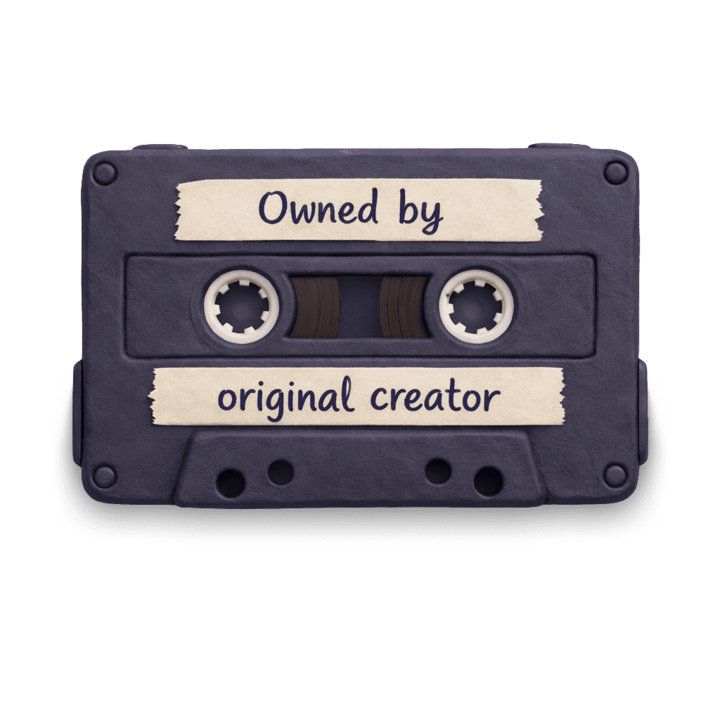 Old fashioned cassette tape with a masking tape glued to it, with the inscription "Owned by original creator"