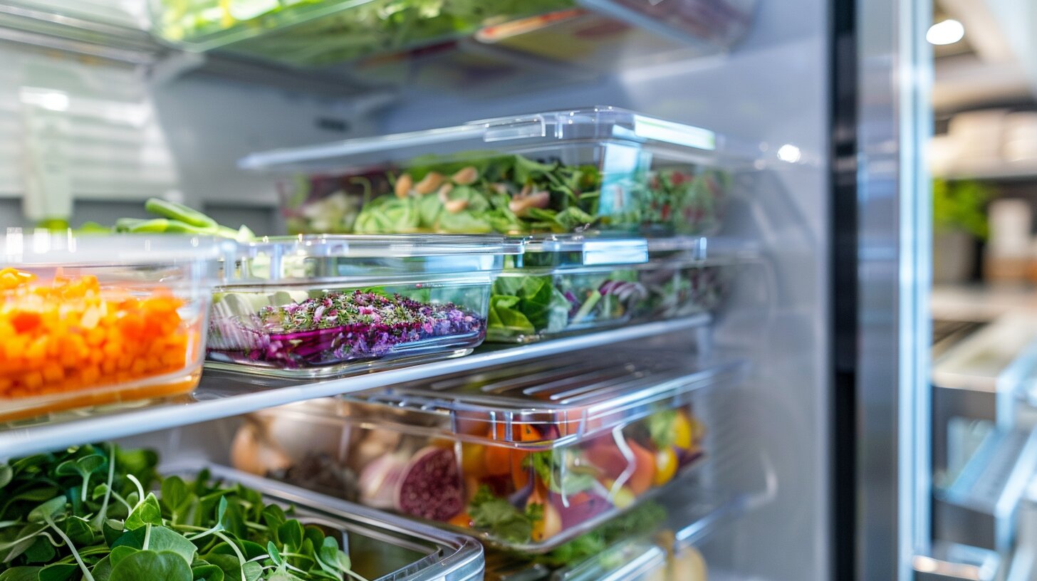 Open fridge filled with colorful chef-prepared meal prep containers in a bright Houston kitchen, symbolizing convenience and healthy gourmet living