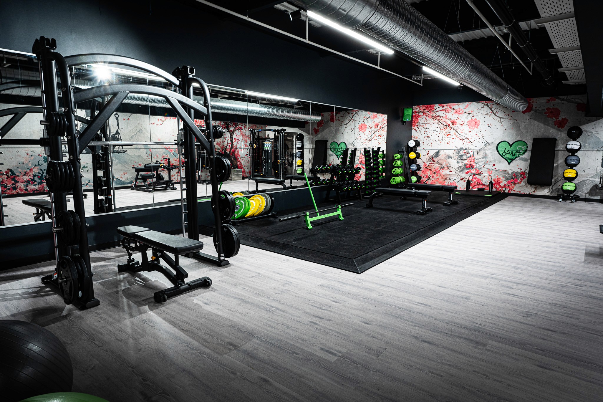 Lady-Gym im XTRAFIT Fitnessstudio in Wiesbaden mit einer Smith Machine, verschiedenem Equipment und großer Spiegelfront.