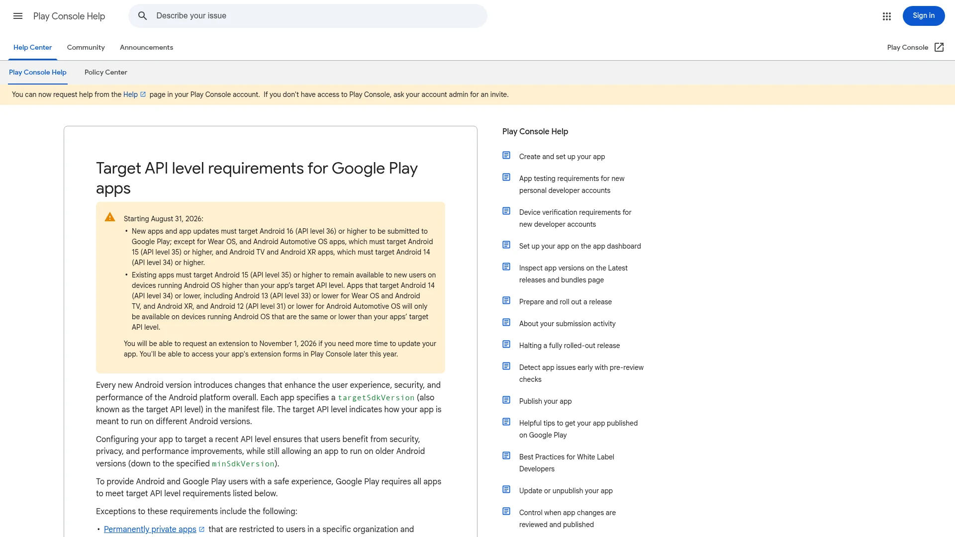 Google Play target API level requirements page in the Play Console Help center