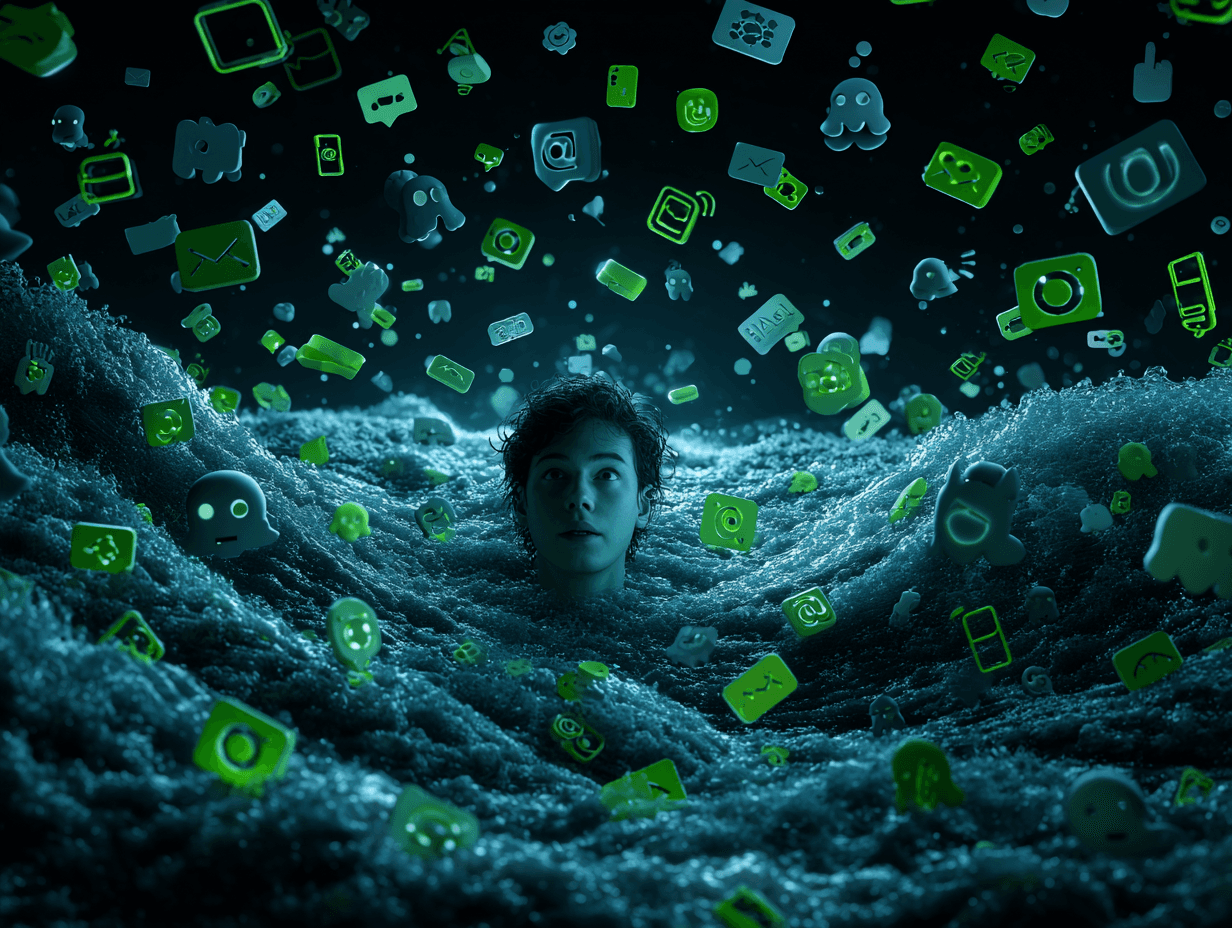 a man drowning while many icons show above