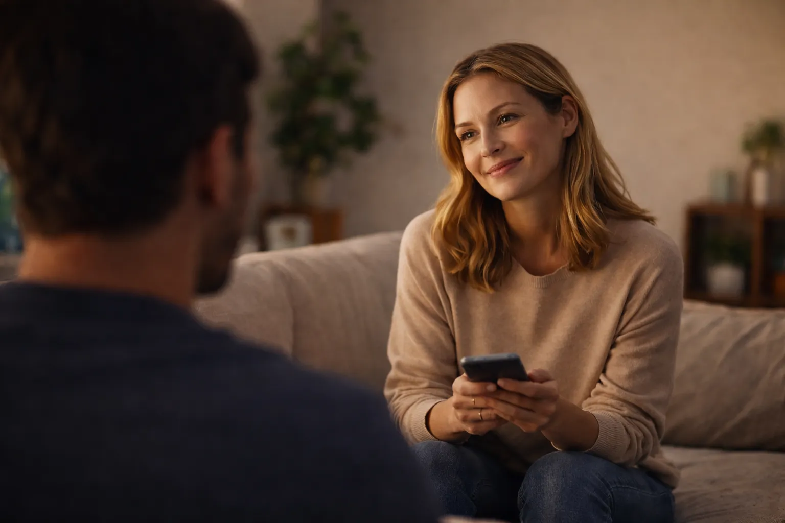 Neura Health - Woman holding a phone while talking on a couch