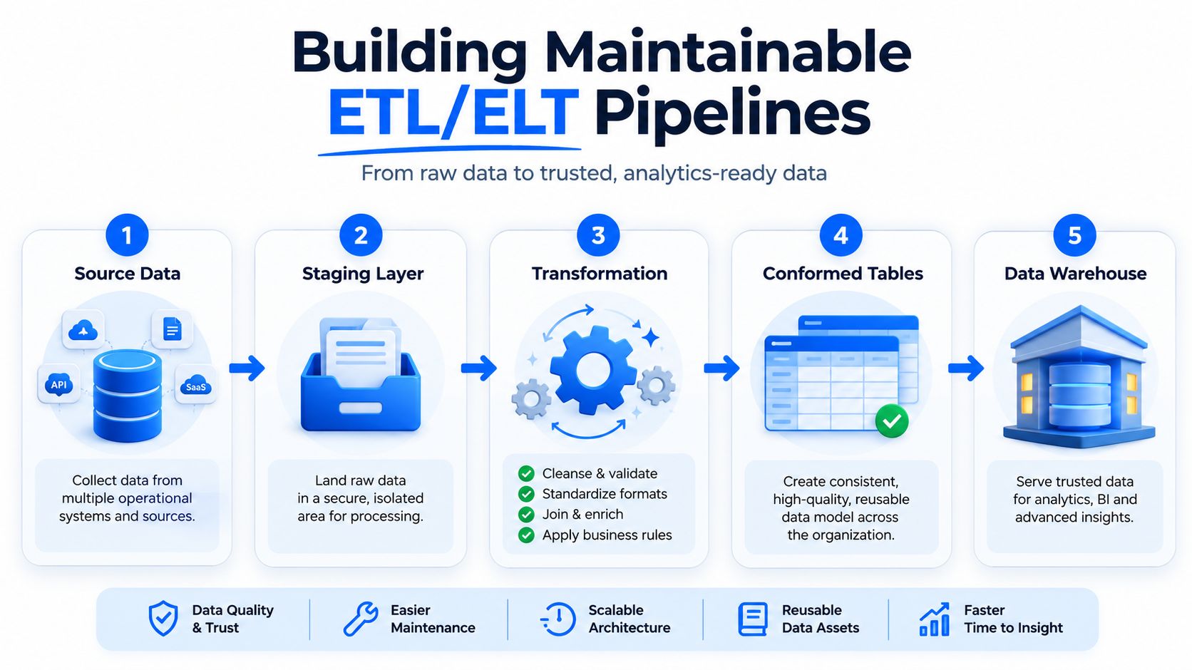 A diagram illustrating the five-step process of building maintainable ETL and ELT data pipelines for analytics.