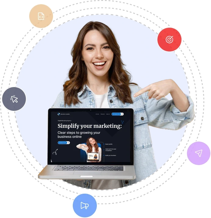 Image of a man holding a laptop w/ icons surrounding representing digital web agency