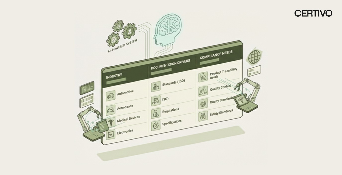 Certificate of conformance requirements matrix showing industry-specific documentation drivers and compliance needs