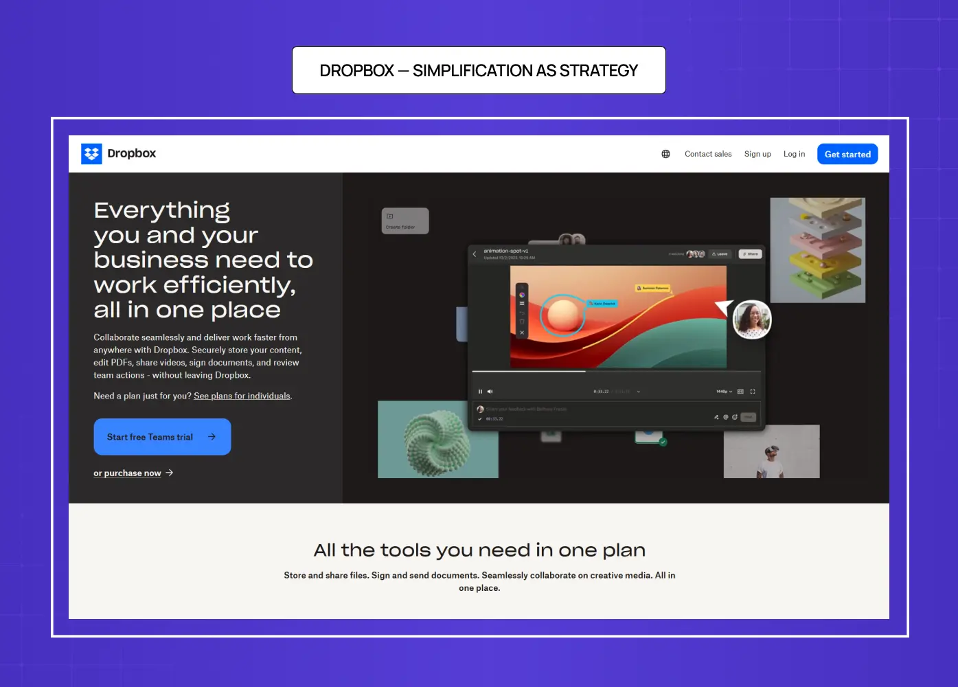 Dropbox homepage redesign emphasizing simplicity, collaboration tools, and business productivity features.