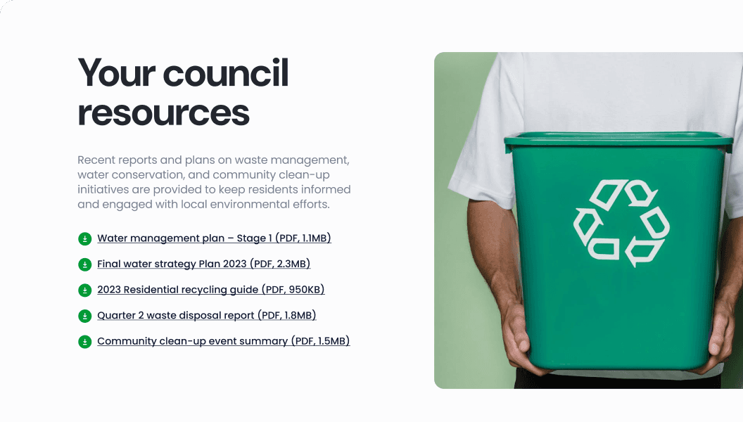 A council resources section showing clear document links and a person holding a green recycling bin.