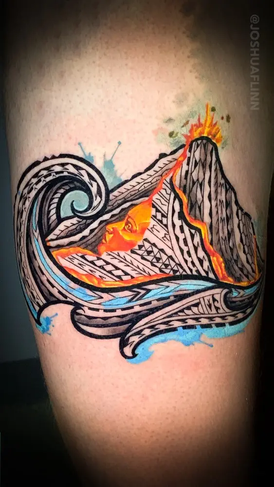 Polynesian Color Volcano tattoo