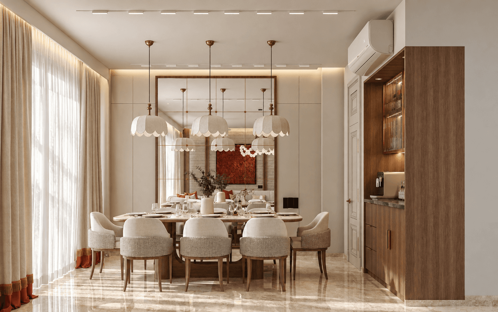 Luxury dining room with scalloped fabric pendants, walnut table, upholstered chairs, grid mirror wall and walnut bar unit.