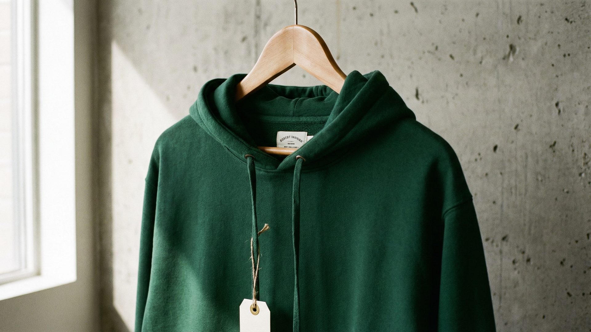 A perfect, 'golden sample' of a garment-dyed hoodie hanging on a premium wooden hanger against a clean, minimal concrete wall, looking like a finished product ready for an e-commerce photoshoot.