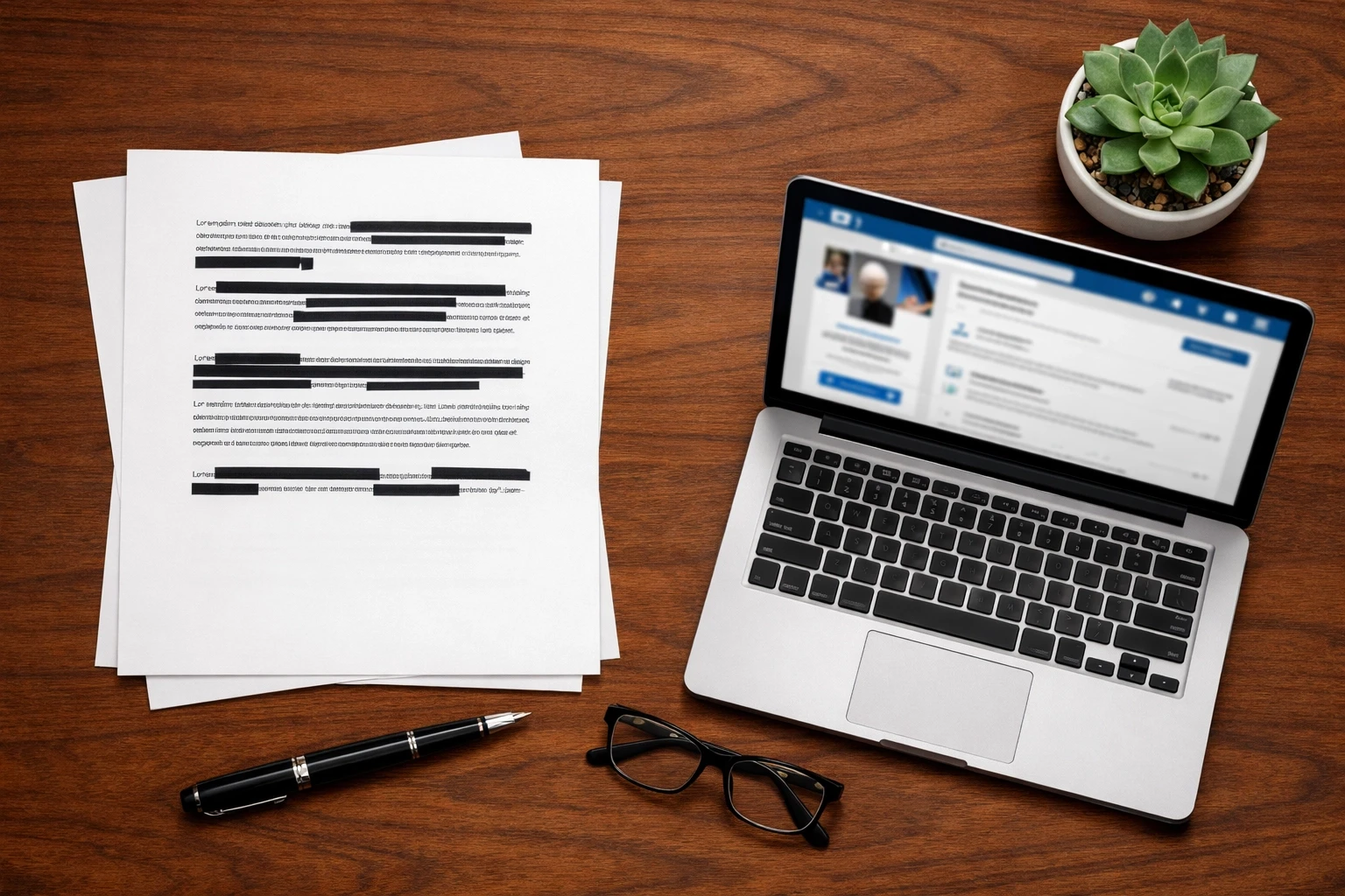 Lawyer's desk with legal documents and LinkedIn profile showing professional credibility