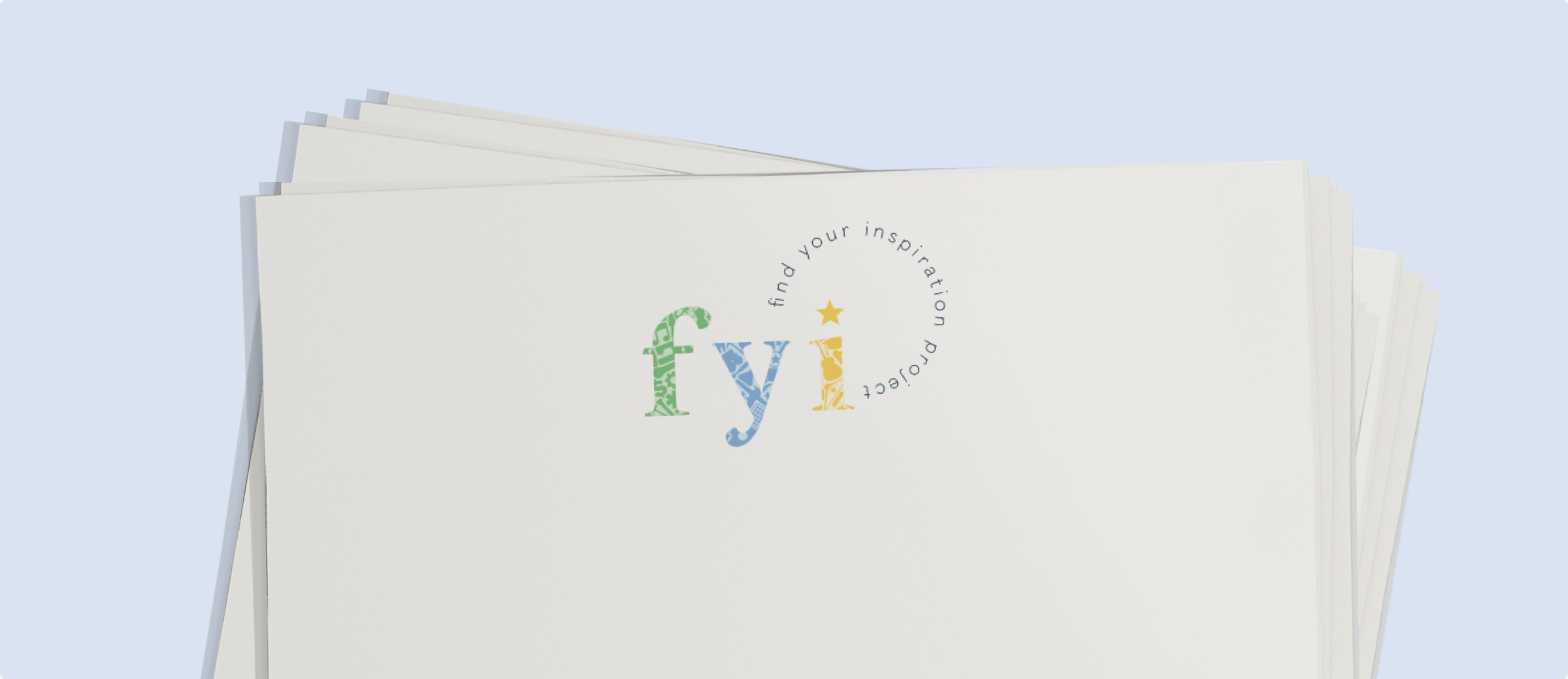 A stack of papers with letterhead. The FYI-Project logo sits center.