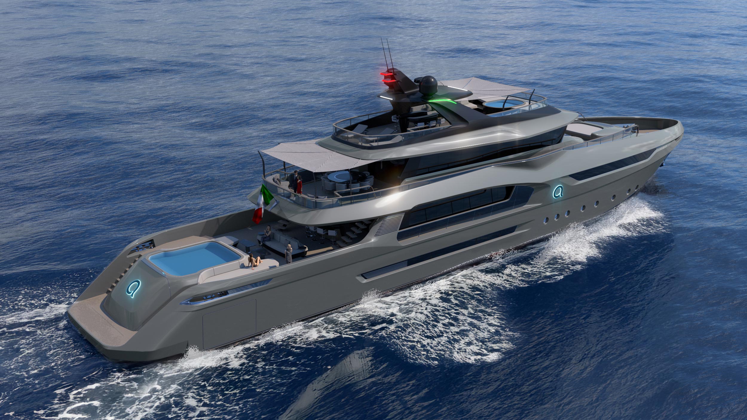 Photorealistic render of Gloss Design Auralia superyacht, 3/4 top rear view