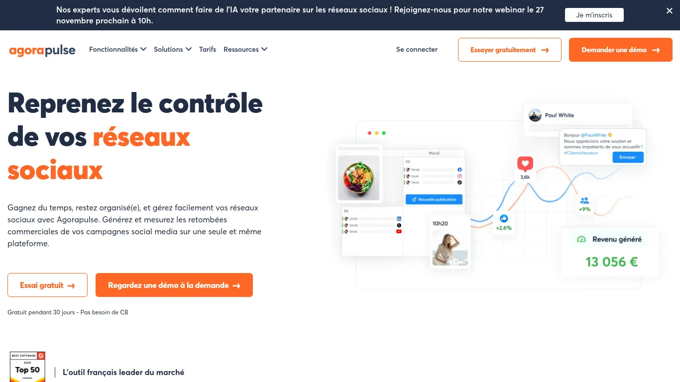 Page d’accueil Agorapulse - aperçu calendrier social, inbox et analytics