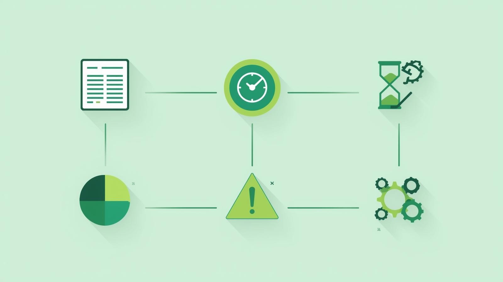 Minimalistic illustration in Sumledger colors showing icons for spreadsheets, time delays, warnings, charts and gears, connected in a flow to represent the hidden costs and inefficiencies of manual group reporting.