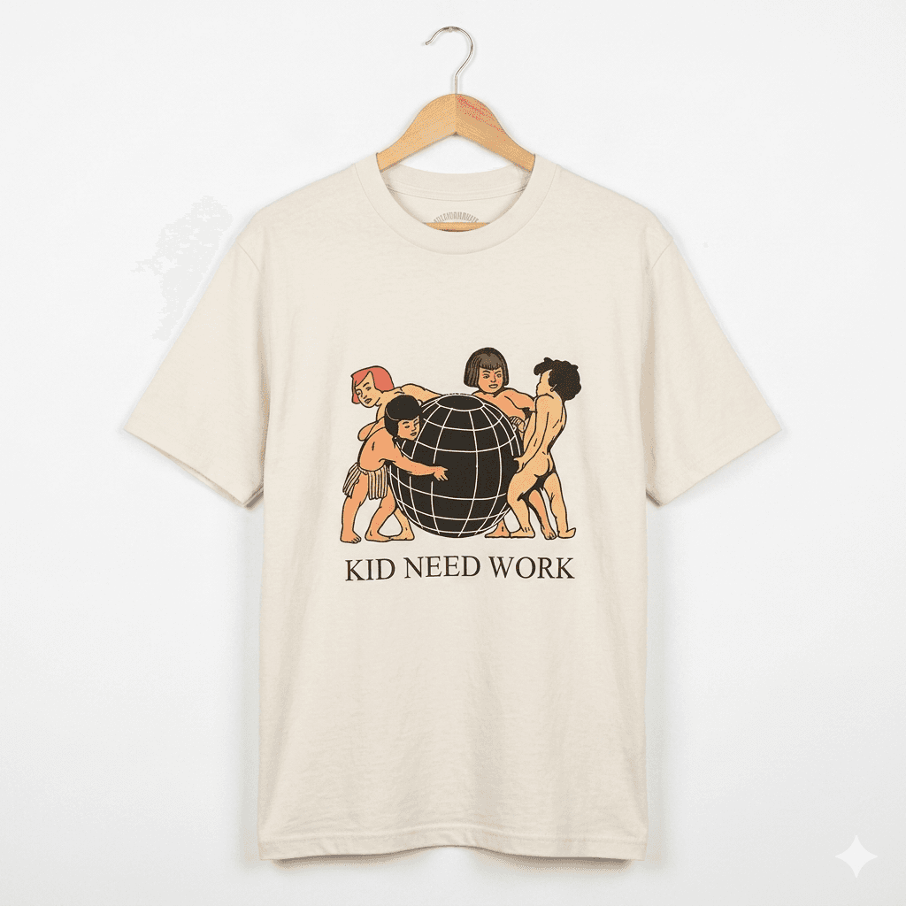 The graphich tee with text 'Kid Need Work' ahnging on a hanger, white background.