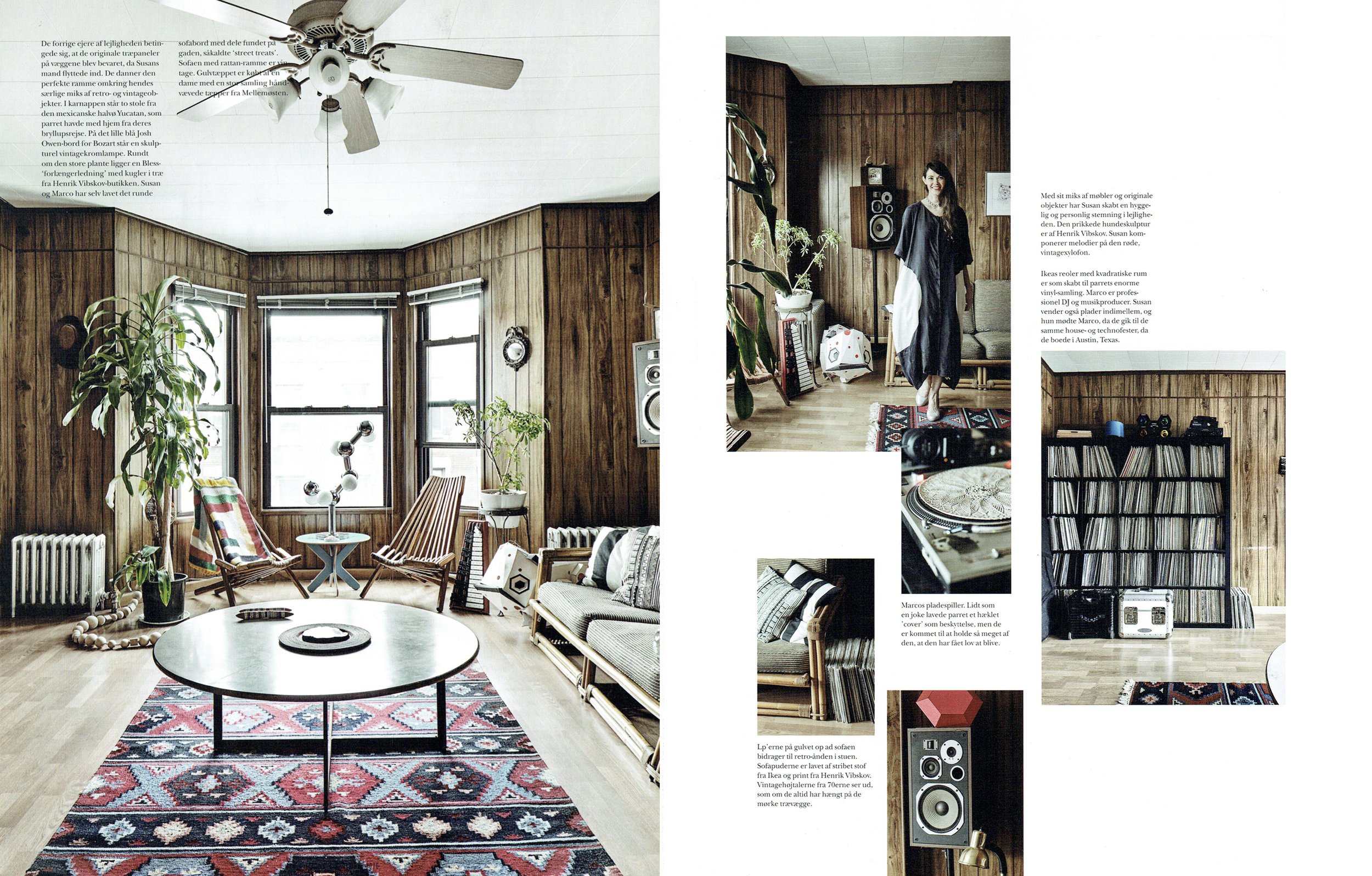 Rum magazine spread showing a living room with plants, a patterned rug and a record collection