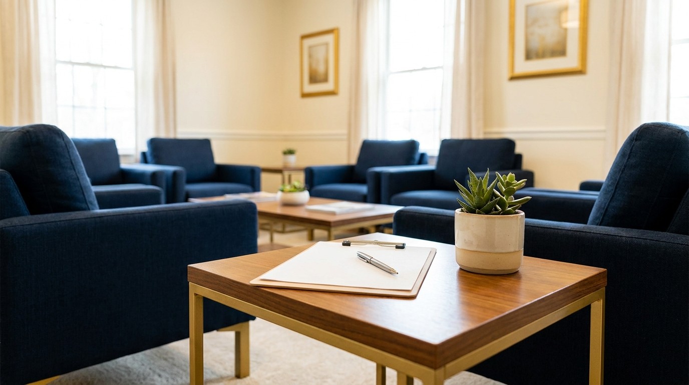 A clipboard with a blank form and a pen on a wooden side table beside a small succulent in a calm, bright waiting room with navy armchairs