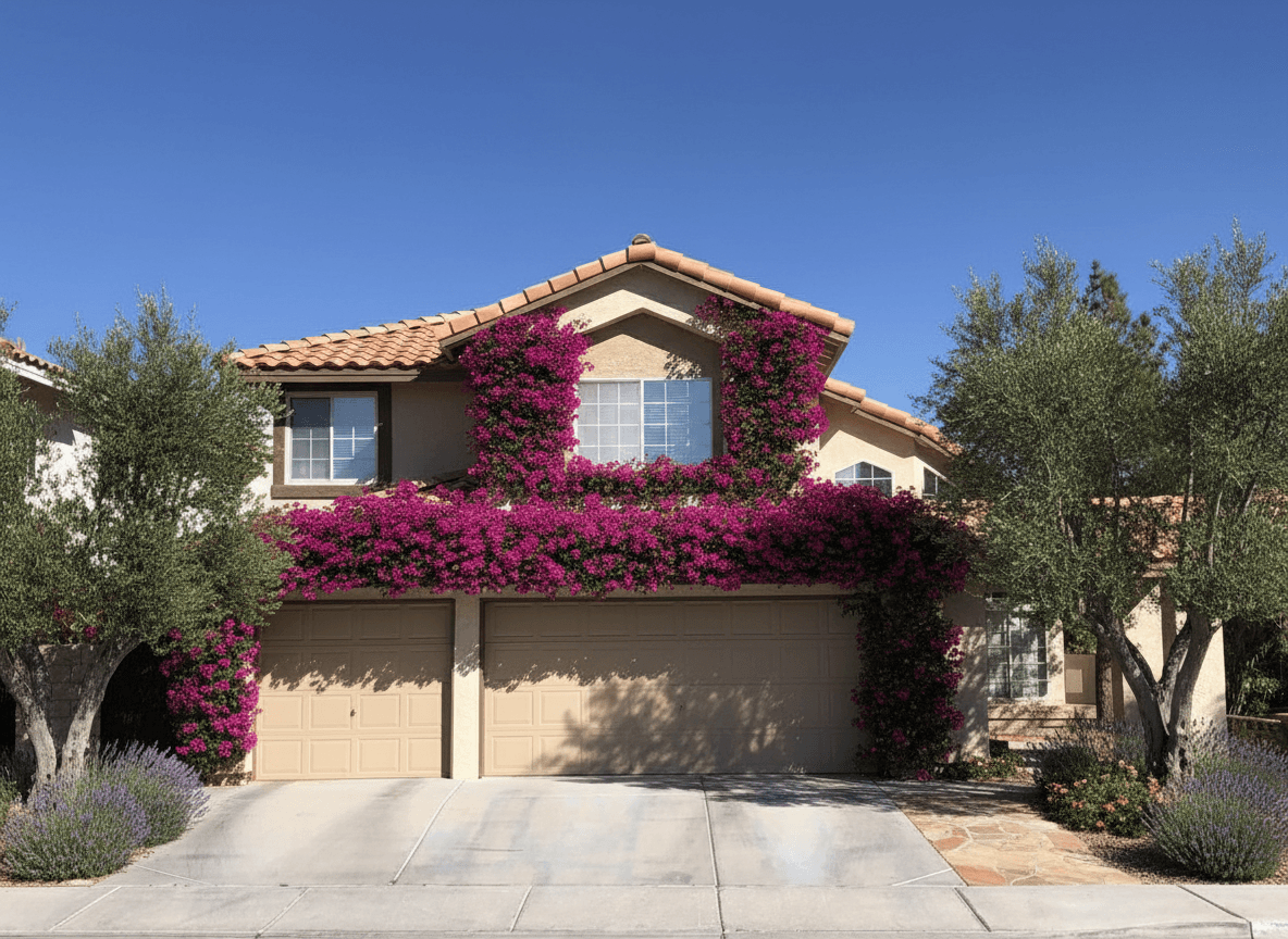 Mediterranean transformation — bougainvillea climbing the facade, olive trees, lavender beds