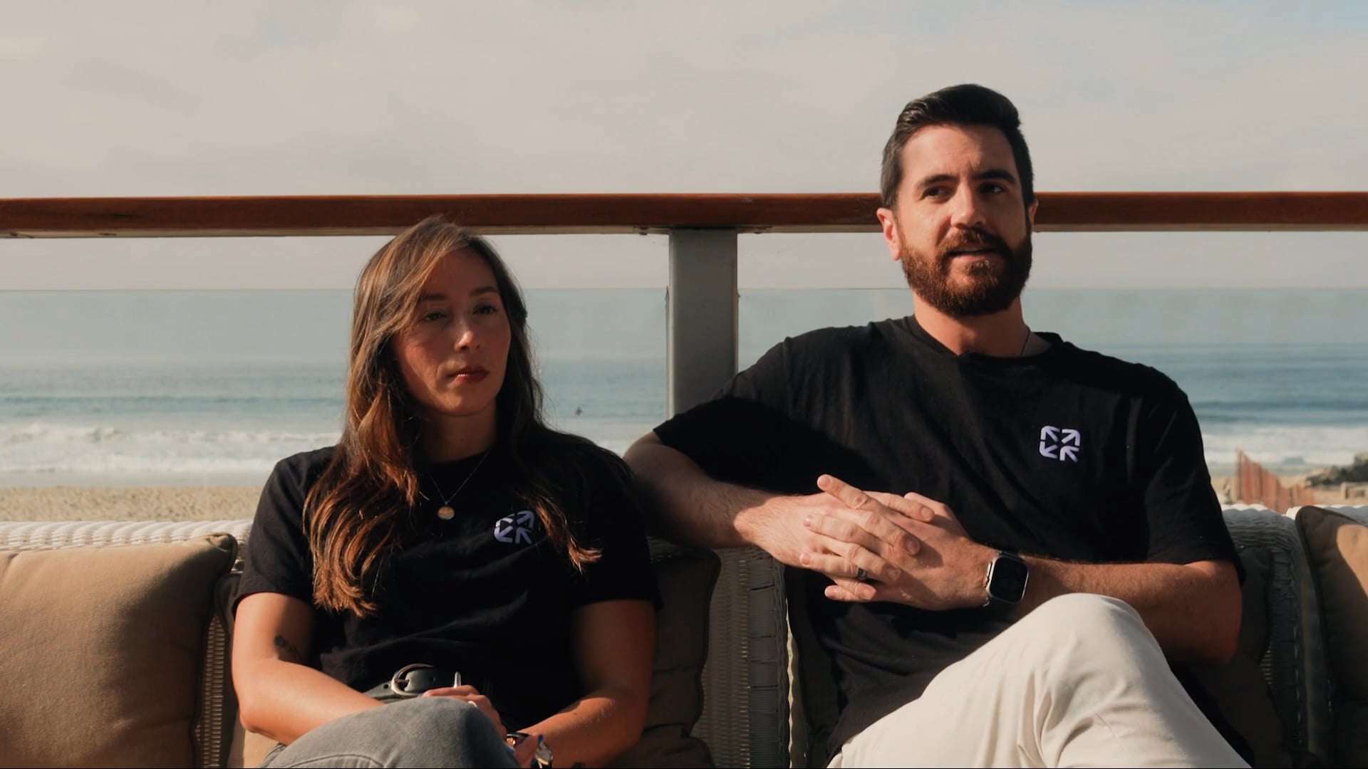 OnsiteIQ's customer success leaders sitting on a sofa in front of the beach in Malibu.