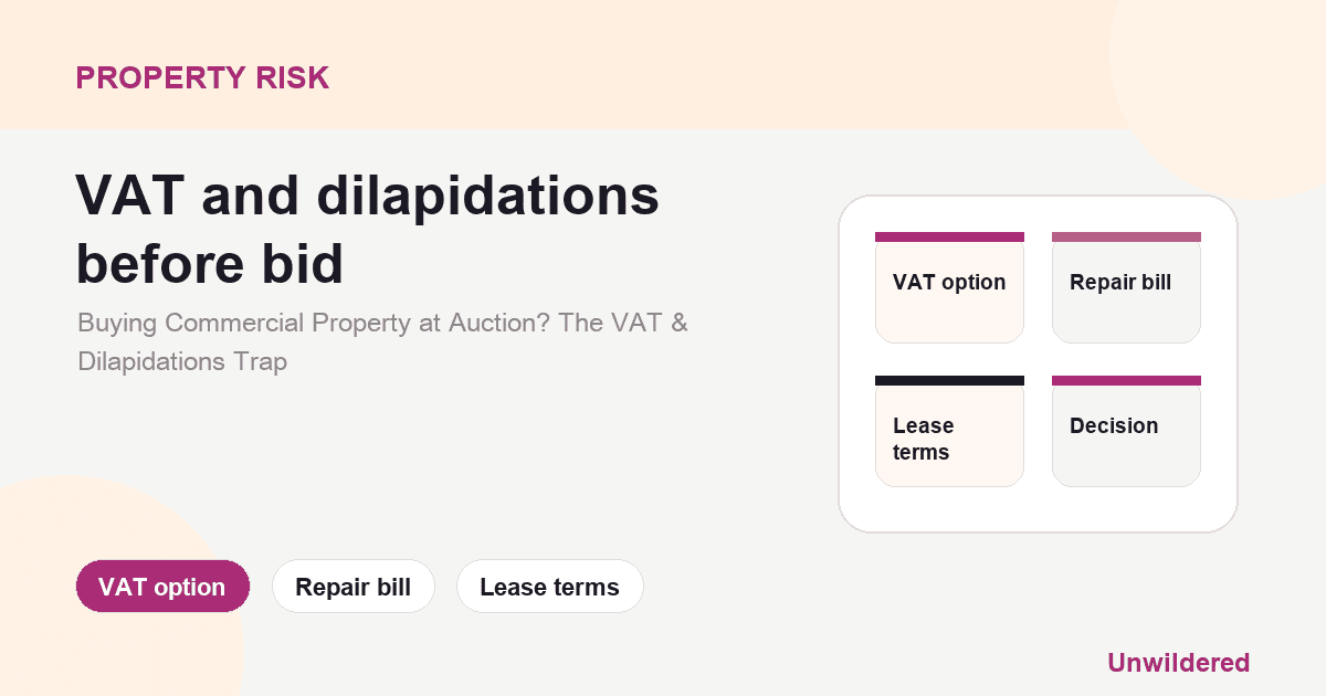 Explainer card for Buying Commercial Property at Auction? The VAT & Dilapidations Trap: VAT option, Repair bill, Lease terms.