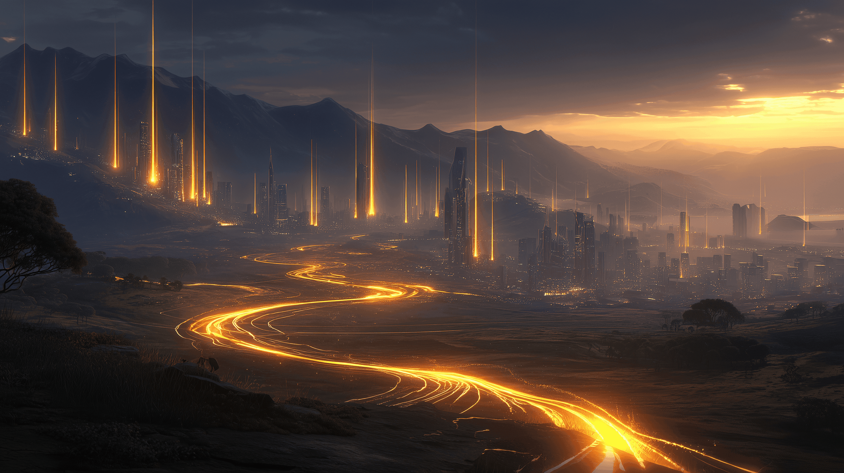 A stunning fantasy landscape features towering cliffs with ancient structures, illuminated by a warm sunset glow.