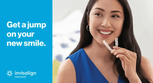 Invisalign Clear Aligners Infographic with patient smiling using her Invisalign trays with a caption that says "Get a jump on your new smile" at Midtown Dental Studio on Eglinton 