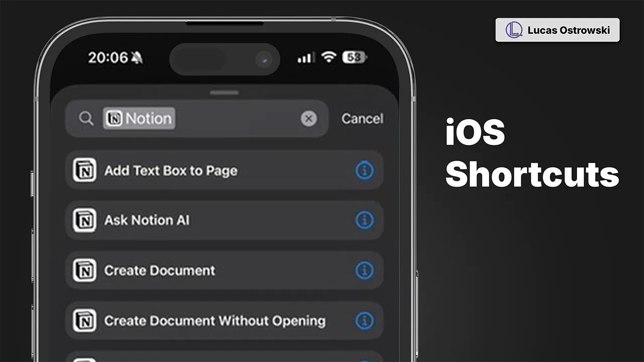 Notion iOS shortcuts menu on iPhone 14 Pro in dark mode, showing key functions like Add Text Box, Ask Notion AI, and Create Document. Part of Lucas Ostrowski's guide on Notion mobile productivity workflows