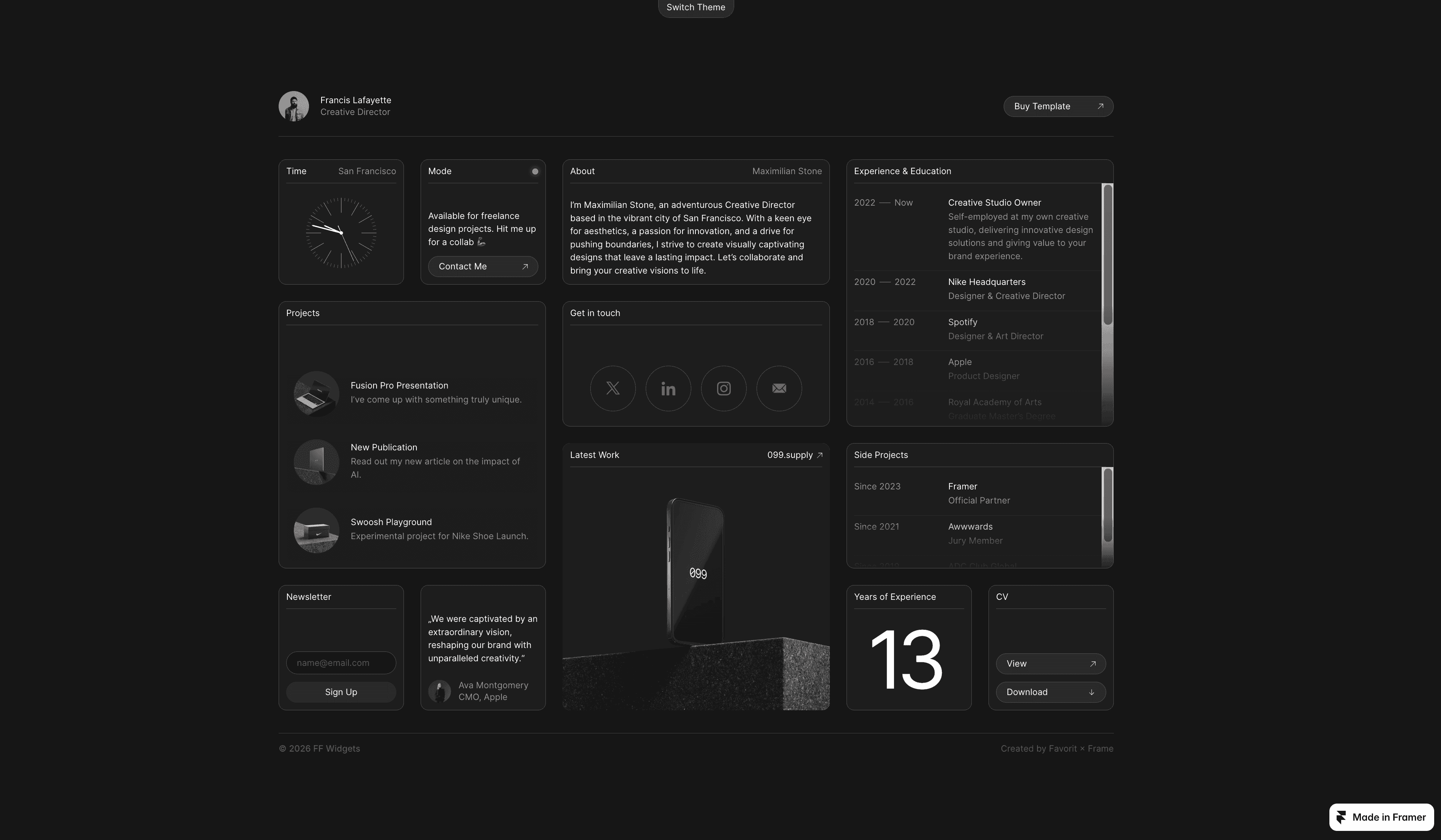 FF Widgets dark bento portfolio with projects, profile details, proof, and contact options