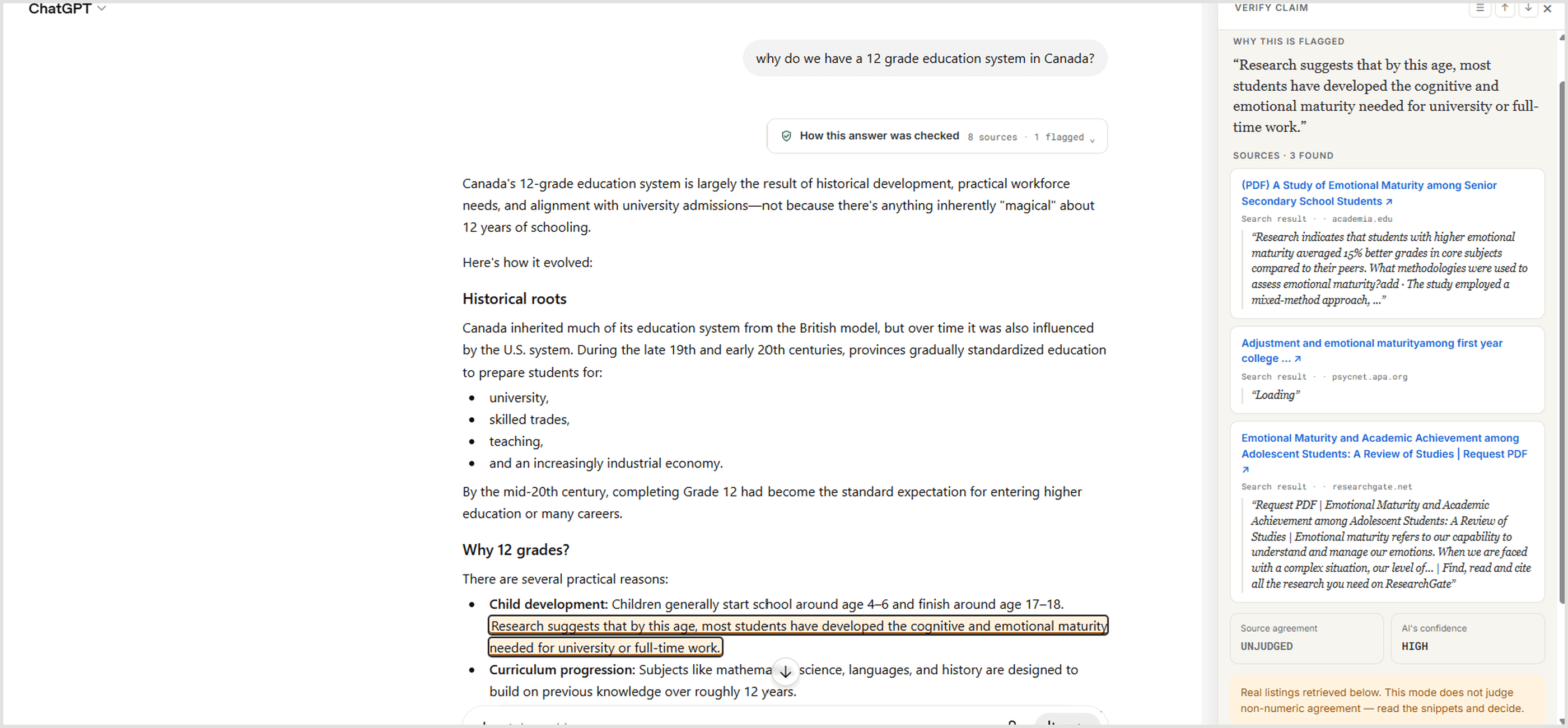 ChatGPT answer with the Show Your Work checking strip, and a flagged claim opened in the Verify Claim panel showing the retrieved sources.