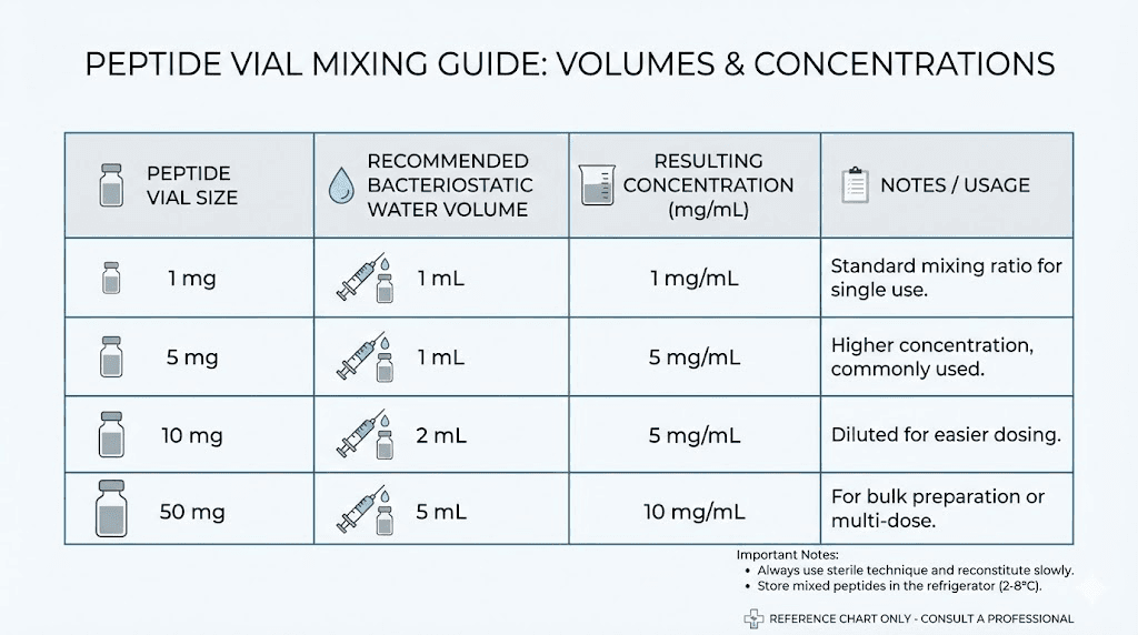 Peptide reconstitution volume chart showing recommended bacteriostatic water amounts by vial size