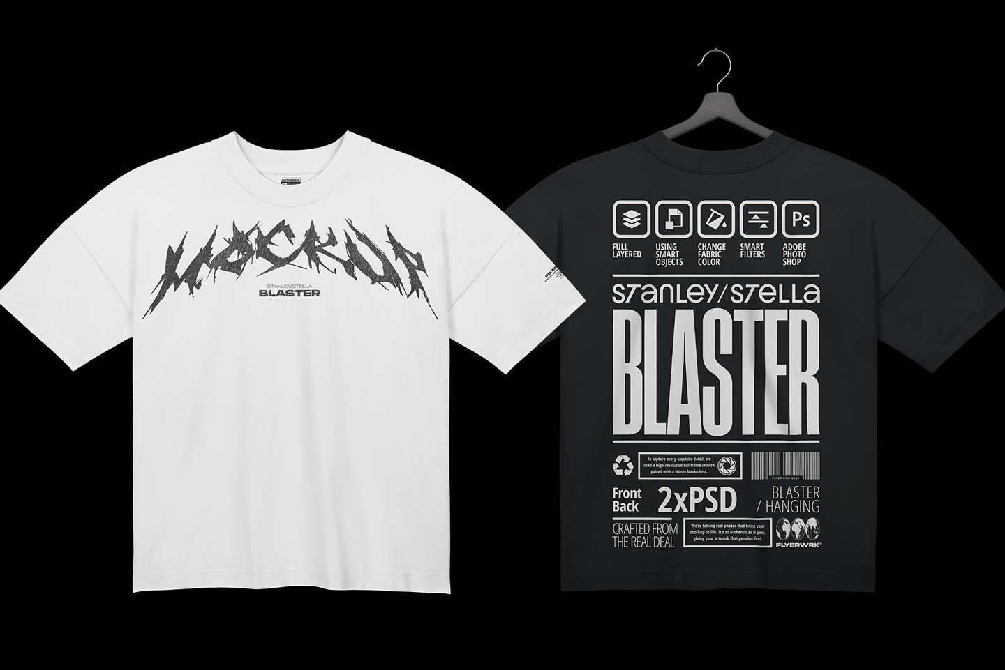 Stanley Stella Blaster T-Shirt Hanging mockup front and back view with customizable design
