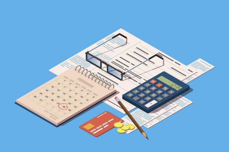 Financial or business operations icon. Payment time concept. Vector isometric illustration with invoices, calculator, calendar, pencil, coins, credit card and glasses